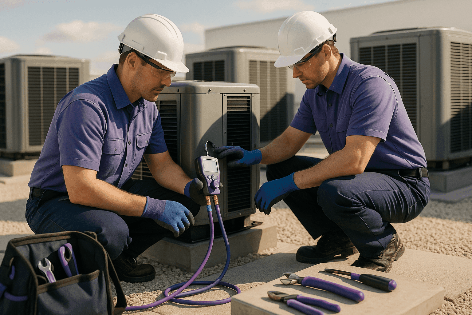 Two OSHA-compliant HVAC technicians inspecting rooftop units wearing violet-accented uniforms
