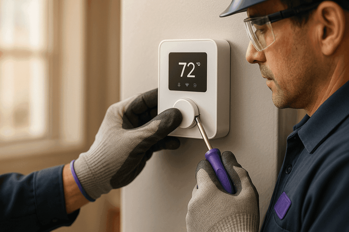 Close-up of HVAC technician’s gloved hands adjusting indoor thermostat with violet accents